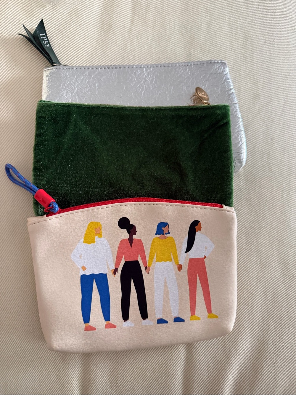 ipsy Beige / Velvet Green and Silver Make Up Bags